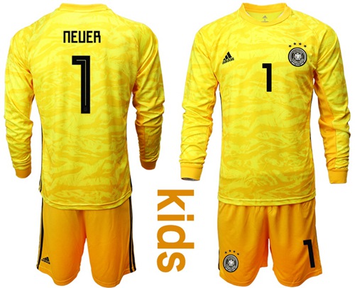 Germany #1 Neuer Yellow Goalkeeper Long Sleeves Kid Soccer Country Jersey